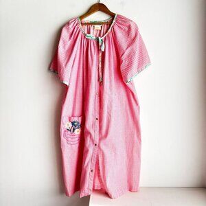 Vintage Smart Time Pin Striped Seersucker Snap Button Embroidered House Dress 2X